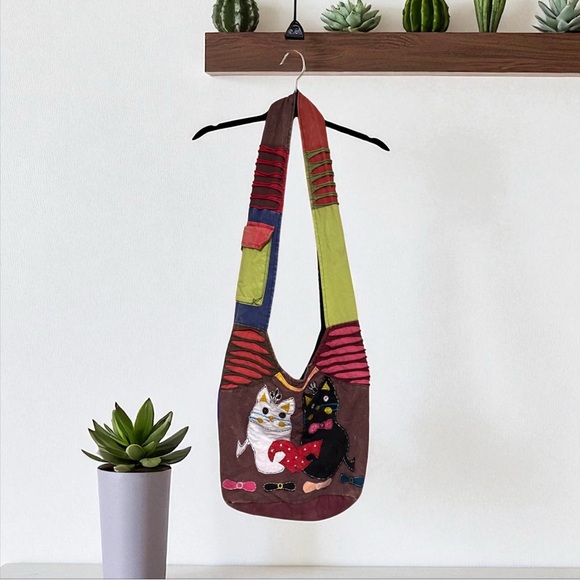 Handbags - 87 🌸 Colorful Boho Kitties Shoulder Shoulder Bag with zipper closure 100% cotton